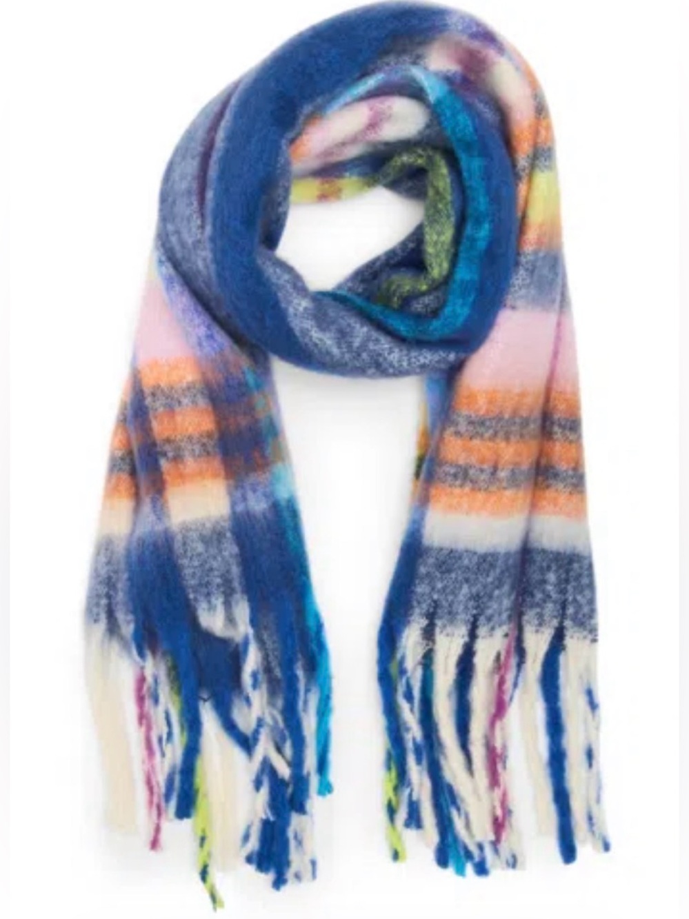 STEVE MADDEN Women's Lofty Fringe Scarf In Blue Multi 10” X 72”, New MSRP $42